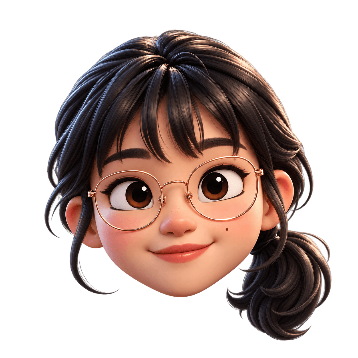 3D cartoon portrait of Qingyi with bangs, round gold glasses and a low ponytail